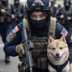 realistic photography, cinematic still, street photography style, a woman wearing a navy seal costume, face to kess Bird eye view shot, walking with a Shiba dog in war, shot gun, broken building, fire, 