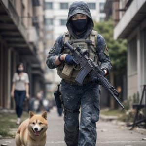 realistic photography, cinematic still, street photography style, a woman wearing a navy seal costume, face to kess Bird eye view shot, walking with a Shiba dog in war, shot gun, broken building, fire, 