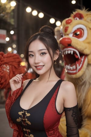 A woman  , black hair top bun hairstyles in a red and black dress, laugh out loud open mount, smileing eyes , under breast is in Yaowarat road beautiful Chinese costume, looking at viewer, Lion dance, dragon dance 
, bokeh, shot by dslr,flim grain:1.5