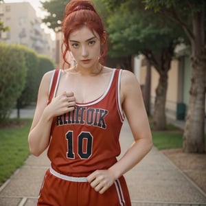 1 woman, looking at you, perfect body, pompadour  Red hair, shorts, shirtless, park, daylight, broad shoulders, wearing red basketball uniforms, Shohoku realistic photography cinematic still 