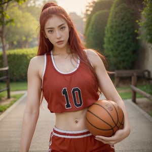 1 woman, looking at you, perfect body, navel  Red hair, shorts, shirtless, park, daylight, broad shoulders, wearing red basketball uniforms, Shohoku realistic photography cinematic still 