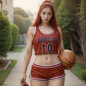 1 woman, looking at you, perfect body, navel  Red hair, shorts, shirtless, park, daylight, broad shoulders, wearing red basketball uniforms, Shohoku realistic photography cinematic still 
