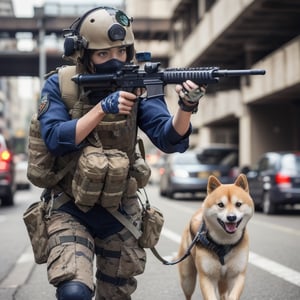 realistic photography, cinematic still, street photography style, a woman wearing a navy seal costume, face to kess Bird eye view shot, walking with a Shiba dog in war, shot gun, broken building, fire, 