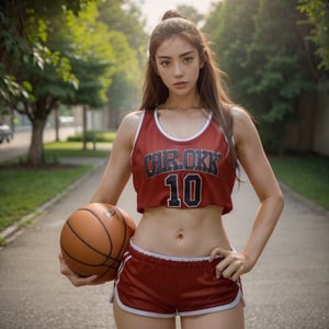1 woman, looking at you, perfect body, navel hair, shorts, shirtless, park, daylight, broad shoulders, wearing red basketball uniforms,realistic photography cinematic still 