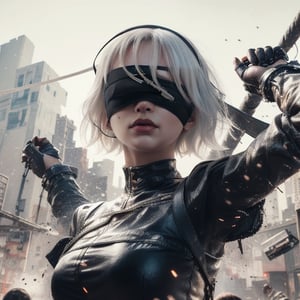 n_2b, white hair, realistic photography, action,white background,ink,(black blindfold:1.3),Ultra-detail,(highres:1.1),best quality,(masterpiece:1.3),cinematic lighting,Cyberpunk VR ,Cyberpunk,C7b3rp0nkStyle,Cyber_Egypt,pureerosface_v1