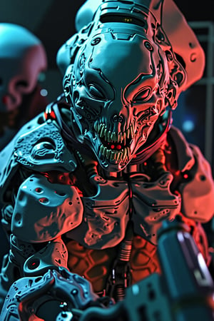 A close-up shot of the extraterrestrial's snarling face, the camera positioned directly in front of it to emphasize its menacing demeanor. the alien is wearing a enhanced rmechanical suiit, The neon lighting , with a hint of red tint to accentuate the alien's fiery gaze. Its teeth are bared, revealing sharp, pointed fangs, as it growls at me through gritted lips. In the background, a blurry, metallic environment stretches out, adding to the sense of tension and foreboding. The composition focuses on the alien's agitated face, with the gun raised and ready to fire, casting a dark shadow across its features.