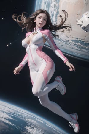 1 Korean girl, full body, breasts, looking at the audience, blue eyes, brown hair, running, tights, spacecraft, ((show breasts)), white and pink suit, floating in outer space (supermodel)