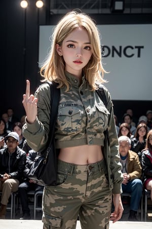 High resolution, masterpiece, perfect lighting, bloom, movie lighting, adult, female, looking at the audience, upper body, 1 girl, blonde, camouflage pants, jacket, military jacket, hand in the pocket, in front of the audience, bulletproof vest, magazine bag, modern construction site, raise your hand to the middle finger