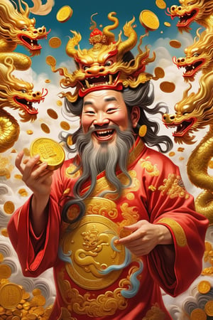 Extremely detailed painting, the Chinese God of Wealth holds a gold ingot in his hand, with a happy expression. There is a golden Chinese dragon in the background, with gold and red colors. The picture is full of wealth, and gold coins fall all over the sky.