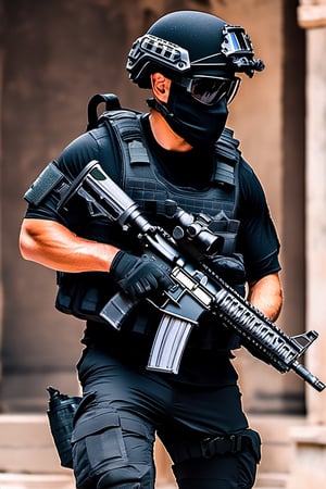 A special forces personnel wearing a black tactical combat vest, black tactical trousers, black tactical light clothing, black combat boots, black tactical helmet, black windproof glasses, black protective mask, black tactical gloves, tactical backpack, etc., carrying m4a1 assault rifle, black tactical knee protection elbow protection, shooting posture (delicate picture quality) (well-equipped)