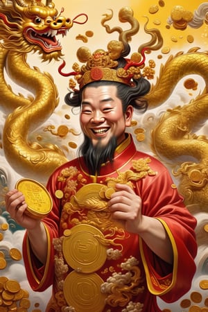 Extremely detailed painting, the Chinese God of Wealth holds a gold ingot in his hand, with a happy expression. There is a golden Chinese dragon in the background, with gold and red colors. The picture is full of wealth, and gold coins fall all over the sky.