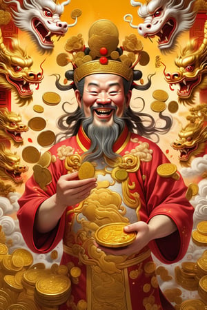 Extremely detailed painting, the Chinese God of Wealth holds a gold ingot in his hand, with a happy expression. There is a golden Chinese dragon in the background, with gold and red colors. The picture is full of wealth, and gold coins fall all over the sky.