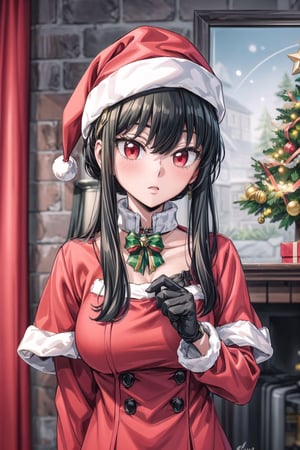 Highly detailed,high quality,masterpiece 1woman, solo, Yor Forger from Spy × Family ( red eyes, black hair, christmas clothes)