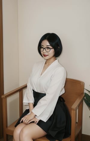 extremely REALISTIC. adult asian woman, curvy_figure, short black hair, thick frame black glasses, white kimono, pleated long black skirt, red sash, sitting across in a design style chair