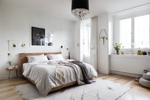 A serene Scandinavian-style bedroom scene: a plush white duvet drapes effortlessly across the bed, where an akita dog reclines peacefully, Clean lines and pale wood accents define the minimalist aesthetic, while subtle Nordic charm infuses the space with warmth.,archminimalist