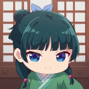 score_9, score_8_up, score_7_up, high_res, 1girl,cutechibiprofile, upper_body, close-up, emotionless, expressionless,((Chibi character)), portrait, looking_at_viewer, maomao, long hair, bangs, blue eyes, hair ornament, green hair, blunt bangs, freckles, hair bun, single hair bun, japanese clothes, robe, green robe, long sleeves, wide sleeves, skirt, red skirt, happy, :), smile
