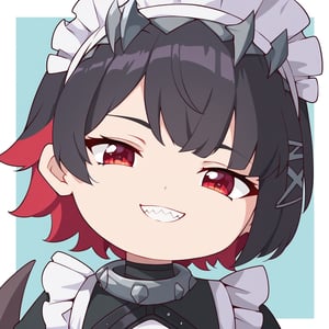 score_9, score_8_up, score_7_up, high_res, 1girl,cutechibiprofile,  ellen joe \(Zenless Zone Zero\), 1girl, solo, two-tone hair, shark tail, red eyes, maid headdress, maid, colored inner hair, red nails, short sleeves, black dress, short hair, apron, wrist cuffs, frills, bracelet,neck ring, black hair, mary janes, zenless zone zero, upper_body, close-up, emotionless, expressionless,((Chibi character)), portrait, looking_at_viewer, pointed_teeth, grin