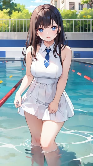 A young girl with long, dark hair and stands confidently in front of a serene outdoor pool, her sleeveless sundress billowing gently as she gazes directly at the viewer. Her bangs frame her heart-shaped face, and she holds her white skirt above her knees, wading playfully in the shallow water.