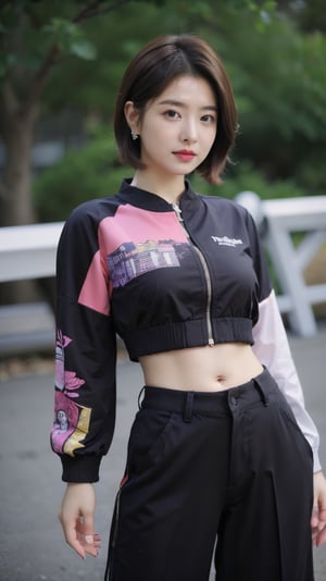 Best quality,masterpiece,ultra high res,solo,1girl,nail polish,looking at viewer,black pants,english text,bag,shirt,pants,midriff,cowboy shot,blurry,multicolored hair,navel,jewelry,short hair,purple nails,jacket,depth of field,black shirt,earrings,zipper,,(photos printed on clothes:1.5),(the clothes have their own portrait printed on them:1.5),