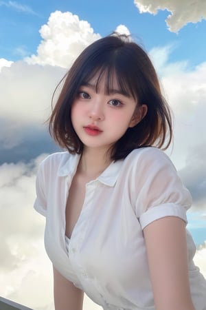 Masterpiece, best quality, upper body, 1 girl, solo, short hair, black hair, bangs, dress, white dress, short sleeves,(looking at viewer), parted lips, outdoors, sky, day, cloud, blue sky, cloudy sky, (above clouds:1.3),