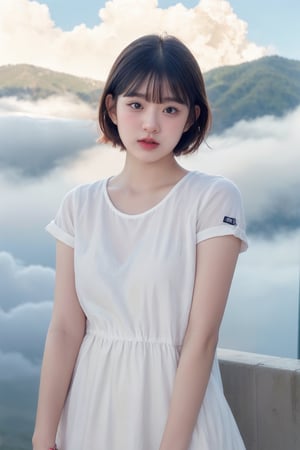 Masterpiece, best quality, upper body, 1 girl, solo, short hair, black hair, bangs, dress, white dress, short sleeves,(looking at viewer), parted lips, outdoors, sky, day, cloud, blue sky, cloudy sky, (above clouds:1.3),