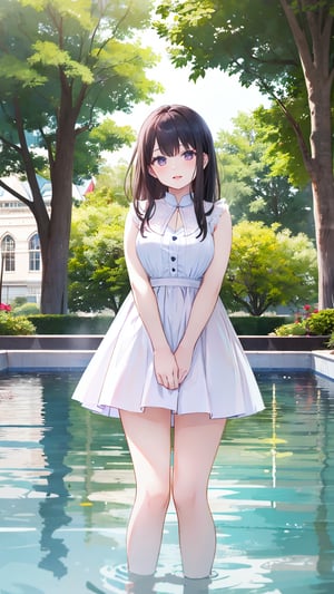 A young girl with long, dark hair and stands confidently in front of a serene outdoor pool, her sleeveless sundress billowing gently as she gazes directly at the viewer. Her bangs frame her heart-shaped face, and she holds her white skirt above her knees, wading playfully in the shallow water.