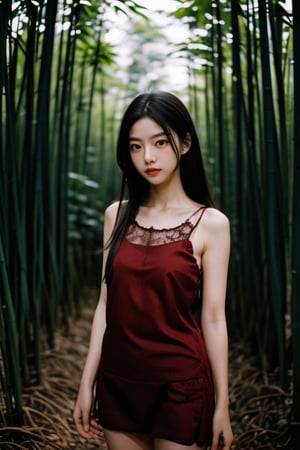 1girl,(red:1.3),(sleeveless,lace-trimmed,see-through_dress),cowboy_shot,nature,dusk,bamboo forest,high_res,ultra high res,best quality,raw photo,35mm f/1.4,film grainngk,,Black Background,,<lora:659111690174031528:1.0>