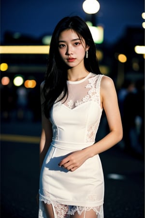 1girl,white,(sleeveless,lace-trimmed,see-through_dress),cowboy_shot, night, crowd, high_res , ultra high res, best quality, raw photo, 35mm f/1.4, film grainngk,,<lora:659111690174031528:1.0>