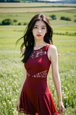 1girl,(red:1.6),sleeveless,lace-trimmed,see-through_dress),cowboy_shot,day,nature,in a meadow,high_res,ultra high res,best quality,raw photo,35mm f/1.4,film grainngk,,<lora:659111690174031528:1.0>