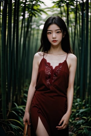1girl,(red:1.3),(sleeveless,lace-trimmed,see-through_dress),cowboy_shot,nature,dusk,bamboo forest,high_res,ultra high res,best quality,raw photo,35mm f/1.4,film grainngk,,Black Background,,<lora:659111690174031528:1.0>