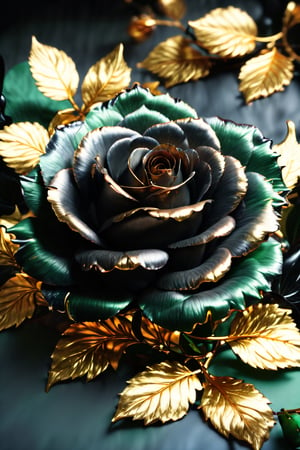 realistic black rose, golden details on green leaves, gold thorns, green stalks, black petals, high resolution, ultra detailed texture, vibrant contrast, elegant design, by FuturEvoLab, (masterpiece: 2), best quality, ultra highres, original, perfect lighting, rich colors, 