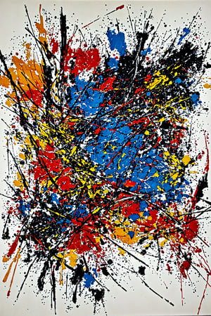 Action painting, spontaneously small dribbled paint on a large canvas, The image shows an abstract painting with a dense web of lines and splatters. The predominant colors are black, white, orange, and shades of red and brown. The black lines are thick and seem to be painted energetically, creating a sense of movement and dynamism within the piece. The orange and red tones form the background and vary in intensity across the canvas. The white splatters add contrast and complexity to the composition. The painting is typical of abstract expressionist art, focusing on emotion and energy conveyed through brushstrokes and colors. It evokes a sense of chaos, intensity, and raw emotion, inviting the viewer to explore their own interpretations of the vibrant colors and tangled lines., blue, (in the style of Jackson Pollock), painting, raw image, realistic image, ultrarealistic, 32k   resolution, XXMix_realisticSDXL, bul4, er





