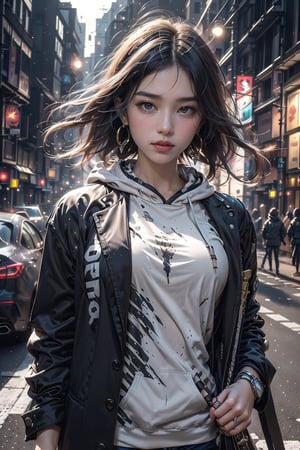 Master work, best picture quality, higher quality, ultra-high resolution, 8k resolution, exquisite facial features, perfect face, girl, assassin, fashion ((upper body clothing, hoodie inside, suit jacket outside)) sneakers, Black mask, cross earrings, carrying a delicate and beautiful samurai sword, night, city, movie style