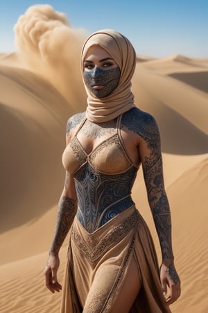 (Sand explode, sandstorm:1.9). thousands of fine-grained sand crystals of different sizes, a full-body Arabic woman with a face covered by dark (tattoos:1.5). The dress forms from flying sand and transforms into fabric. Desert dunes background.
sharp details. masterpiece, blue eyes