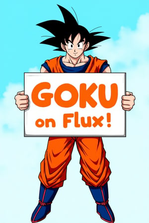 Create an image of Goku in his base form, standing confidently and smiling. He's holding a large, clearly visible sign in both hands that reads "GOKU on Flux!" The sign should have bold, bright letters to make the message stand out. Goku's hair is black and spiky, his eyes are dark, and he's wearing his iconic orange gi with a blue undershirt and boots. The background can be a simple, vibrant color like blue or white to keep the focus on Goku and the sign. Make sure Goku's expression is friendly and energetic, reflecting his positive and determined nature.,BASE