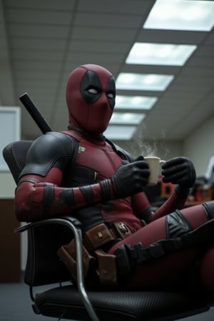 Deadpool lounges in a typical 9-to-5 office setting, clad in a sleek black bodysuit adorned with a bold red 'DP' emblem on the chest. A black mask covers his eyes, adding to the mysterious aura. His left hand cradles a steaming cup of Starbucks coffee, while his right hand rests on the armrest of a worn office chair. The fluorescent lighting above casts an eerie glow, highlighting Deadpool's mischievous grin as he surveys his mundane surroundings.,deadpool in a bodysuit and a mask