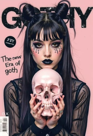 magazine_cover,magazine_style,ImpressionistStrokes. Magazine cover of a goth girl with black gothic face make up holding a pink skullhead between her hands. The name of the magazine is "GOTHY", written in black and white. there is also another text that says: "The new Era of goth".