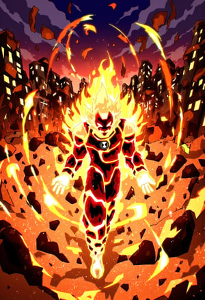 A fiery inferno engulfs the darkened cityscape as heatb emerges from the flames, his body radiating intense heat and energy. The vibrant anime art style brings to life heatb's fiery body. In the background, skyscrapers and buildings crumble amidst the inferno, casting long shadows across the scorched earth.,tkht 9315,The image is a digital drawing,in a vibrant, dynamic anime style.,fire