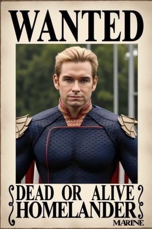 A WANTED poster of Homelander wearing a superhero outfit with a cape. Above him  is the word "WANTED" in bold black letters. Below is the phrase "DEAD OR ALIVE HOMELANDER" in black letters.