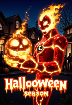 A dynamic shot of heatb from Ben 10 holding a glowing jack o' lantern. The fiery alien stands in a dimly lit Halloween setting, his body illuminating the scene with a warm orange glow. Heatblast's flames interact with the jack o' lantern, causing its carved face to flicker with an intense, almost life-like light. The pumpkin appears slightly charred at the edges where Heatblast's hands touch it. In the background, trick-or-treaters and Halloween decorations are visible.
Heatblast's expression is a mix of excitement and mischief, as if he's about to use the pumpkin for an unexpected Halloween prank. The image has a crisp, high-quality look with vivid colors that make the scene pop.
Prominently displayed at the bottom of the image is the text 'Hallooween season' (with the intentional misspelling of 'Halloween'). The text is stylized to fit the spooky theme, perhaps with a dripping font or fiery effect that complements Heatblast's appearance,fire