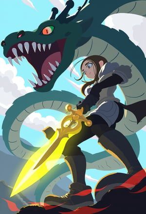 Boss Battle: A fantasy female knight with a glowing yellow sword in front of a giant intimidating snake. epic landscape.,art by torikun,flat color, no lineart