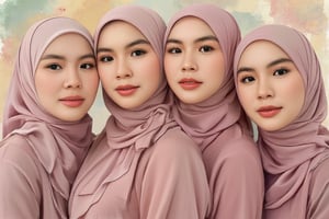 striking portrait of four women adorned in hijabs, rendered in a Stirling impasto-style with bold, textured brushwork and a semi-realistic approach. Use a pastel knife color palette to bring out their features, with light casting soft shadows across their faces and hijabs. A gentle rim light outlines one side of each face, adding depth and dimension. The background features a warm pastel watercolor wash, enhancing the serene and harmonious composition
,Syazi89,RealisticNeemo,ArcylicOil Painting 1,Dyn4Kay,Shrin4