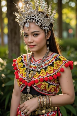 a woman wearing a traditional IbanAttireXmiya from Sarawak, Malaysia, characterized by intricate craftsmanship and vibrant colors. She dons a silver, floral-adorned headpiece known as a "Sugu Tinggi," symbolizing beauty and prestige. Her beaded top, called "Baju Marik Empang," is detailed with yellow, red, and black geometric patterns, accented by red pom- poms along the edges, showcasing the Iban's beadwork artistry. Around her waist is a belt made of gold or brass coins, adding an element of opulence, while her arms are adorned with multiple bangles, enhancing the ceremonial elegance. The outfit is worn during important cultural events, reflecting the heritage and pride of the Iban people
She is standing, surrounded by lush greenery and bathed in warm, golden sunlight. The artwork captures the charm and elegance of a woods in a picturesque

Curly,PinupFlux,CK4t,Kebayabalilia,kebaya bali,RealisticNeemo,Kebaya.hanna,tudungtejaxhan,Zur1n3,kimono dress,Syazi89,IbanAttireXmiya,N4jku