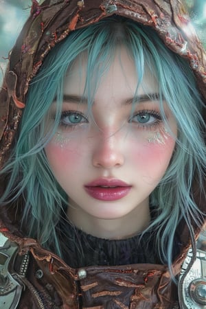 An extreme close-up, digital illustration of a 3/4 view portrait of a a young woman with porcelain skin and messy light blue hair, striking green eyes,  dark eyeshadow, headphone and vibrant purple lips. Her face features delicate pink hues and green markings. She wears a chocolate-colored, leather patchwork hooded garment with red and brown stitches, giving it a post-apocalyptic steampunk feel. The hood is decorated with mysterious symbols. A metallic design on her shoulder with advanced technology. The background is softly blurred with bright light, suggesting a futuristic steampunk, Focus on the intricate textures of her skin with special attention to the eyes and lips,detailed skin pore style
J4d3,Un4d,N4jku,Shrin4,Pixomeda style,N1N4,CK4t, Acrylic Gouache 