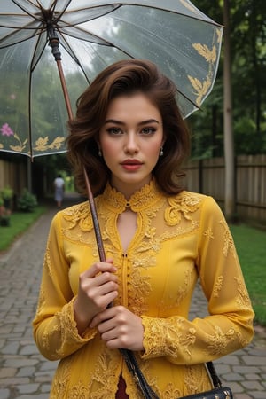 a Beautiful Well-rounded Voluptuous woman stands on a cobblestone path, holding an umbrella in her right hand. She is dressed in a vibrant Dark yellow kebaya, adorned with a delicate lace pattern. Her hair is styled in a Voluminous Victory Rolls hair, wink her left eye with hazel eyes, adding a touch of beauty to the scene. The transparent umbrella, The background is blurred, creating a peaceful and serene atmosphere.

Curly,PinupFlux,CK4t,Kebayabalilia,kebaya bali,RealisticNeemo,Kebaya.hanna,tudungtejaxhan,Zur1n3,kimono dress,Syazi89,J4d3