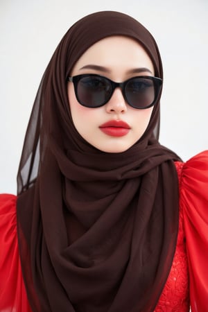 a medium-sized portrait of a woman with long dark brown hijab, a white face, and a red Puffblouse The woman's hijab is cascading down her shoulders, framing her face. She is wearing a pair of black tinted sunglasses, and her lips are painted a vibrant shade of red. The background is a stark white, adding a pop of color to the scene.