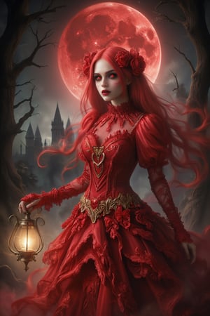 an artwork that vividly captures a mystical woman set against the backdrop of a haunted castle. She embodies a blend of fantasy and gothic Victorian aesthetics, with her long, red hair flowing elegantly and adorned with dark roses and lace. Her dress blend with embroidery floral red puff Blouse and a gothic masterpiece, gold with exquisite lace tulle skirt, and flowing layers that shimmer with hints of dark magic, as if the fabric itself is dissolving into mist. In her hand, she holds an ornate, glowing lantern that casts light across the misty forest, highlighting her hauntingly enchanting gaze and glowing eyes that hint at her otherworldly power.

The scene is richly detailed, showcasing twisted trees and a crumbling castle in the background under a blood-red huge moon that casts an eerie glow. Shadows dance at her feet, enhancing the gothic and mysterious atmosphere. This masterpiece is presented in high contrast and low saturation, with an emphasis on anatomy-based character design, rendered in 8k ultra-high resolution for the finest quality and detail.,L1ly,Puffblouse