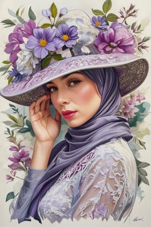 retro pin-up style A stunning young woman in a modest, turtle neck vintage-style lavender gown, adorned with intricate lace and floral embroidery, covering her arms and shoulders. Her elegant look is completed with a matching long lavender hijab, delicately draped and intricately styled, covered her chest complementing the rich textures of her outfit. She wears a wide-brimmed hat embellished with a vibrant bouquet of purple and pink flowers, blending acrylic impasto textures. Her soft gaze is filled with grace and serenity, while the background features a dreamy, watercolor-washed floral pattern in hues of violet and soft greens, evoking an ethereal and romantic mood
,pencil drawing,colored pencil drawing,WatercolorWash,Oil painting effect,WatercolorWash,Zur1n3,Chenell,Syazi89,artberat,Puffblouse,Impasto Nature,WatercolorWash 