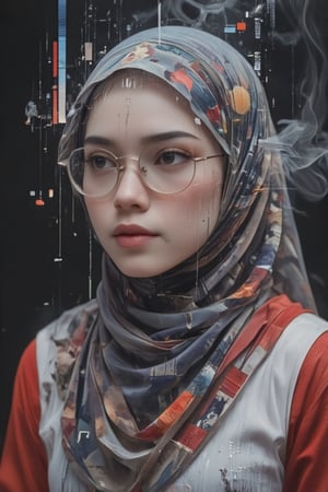  pixelated glitch effect overlays a quarter-angle, half-body shot portrait of a beautiful Malay woman wearing a hijab. She is dressed in a white jersey and red hoodie, gazing thoughtfully into the distance with hazel eyes, and wearing glasses. Smoke swirls around her, adding a surreal, nebulous atmosphere. The glitch art effect distorts her figure slightly, creating digital noise and fragmented visuals. The overall tone feels both modern and mysterious, with bold colors contrasting against the pixelated, vaporwave-like aesthetic.,glitchArt,nebulous,Zur1n3