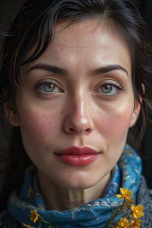 a close-up shot of an elderly woman's face is depicted. The woman's eyes are a piercing blue, and her eyebrows are a darker shade of brown. Her lips are a lighter shade of red, and she is wearing a red lipstick. Her nose is a dark brown, and the woman's mouth is slightly open. The background is dark, and there is a blue scarf with yellow flowers on it.